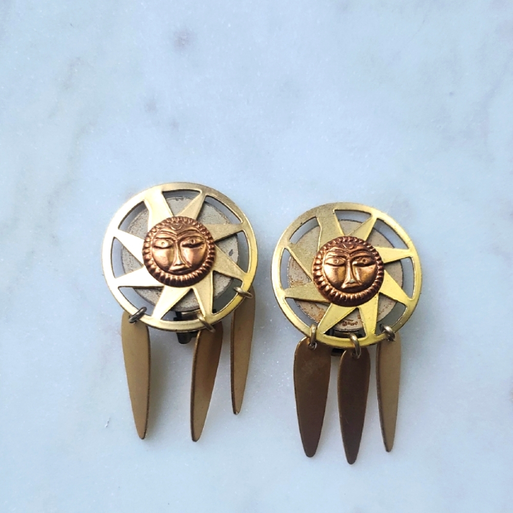 Vintage Mixed Metal Sun Clip Earrings